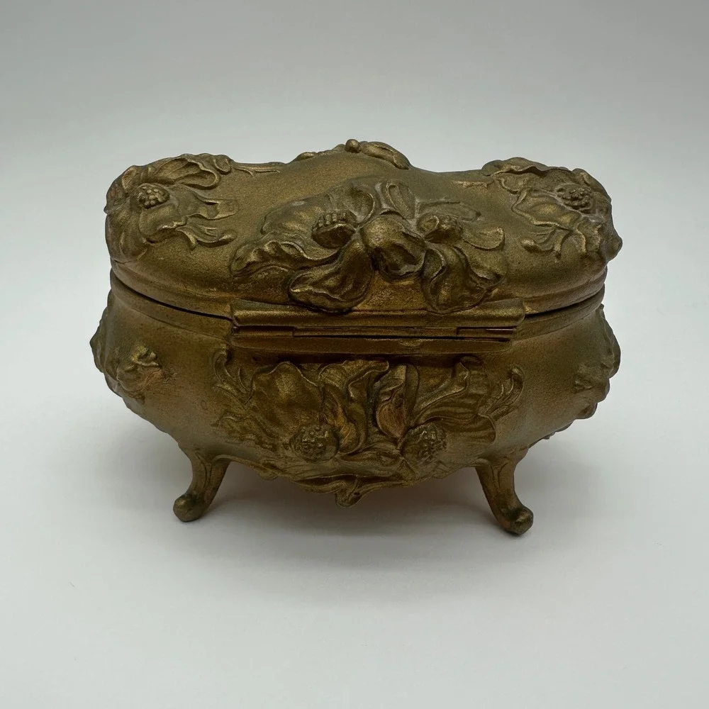 ANTQ Art Nouveau Jewelry Casket Footed Spelter Pot Metal Box Rose Relief Lined